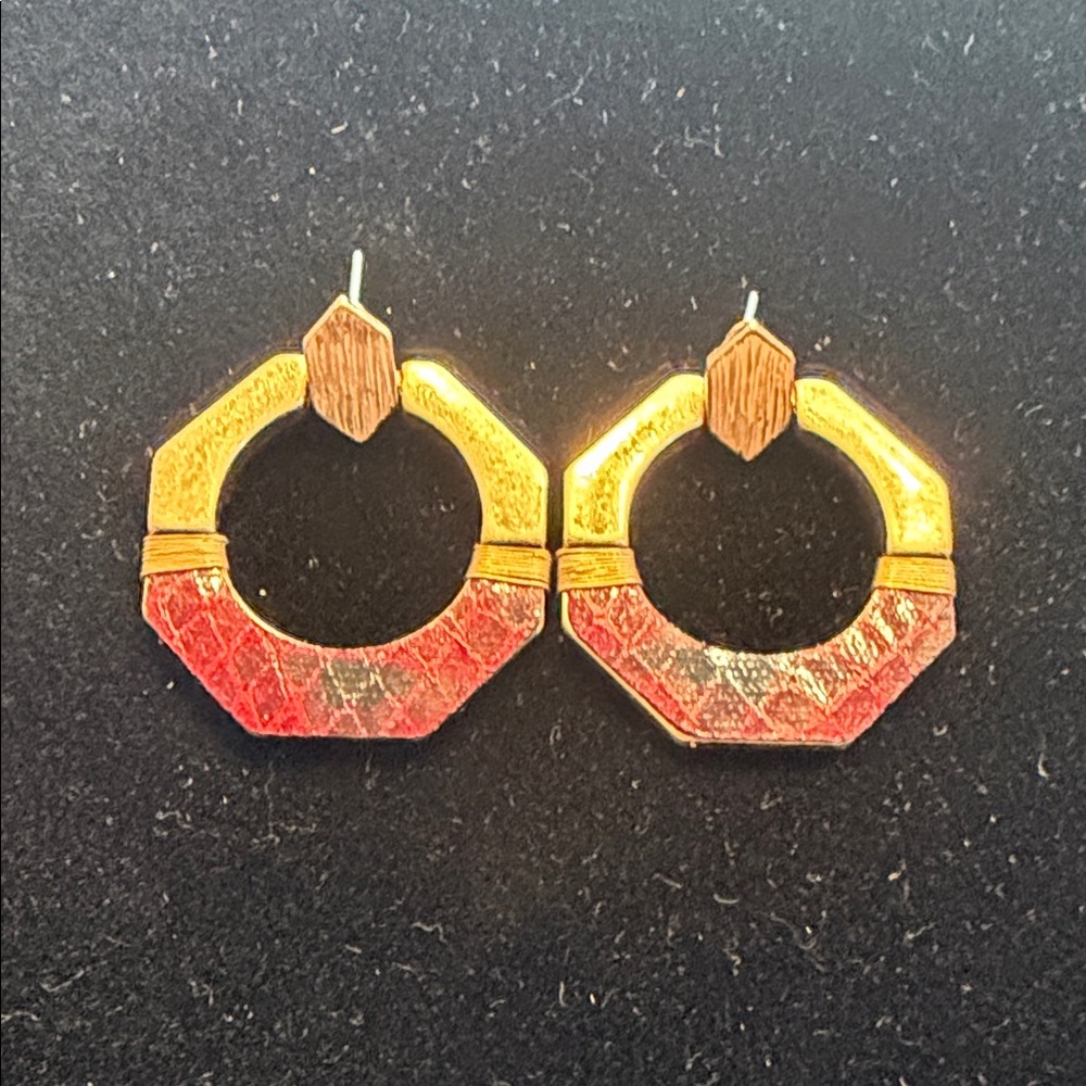 Gold and Genuine Red Snakeskin Geometric Earrings